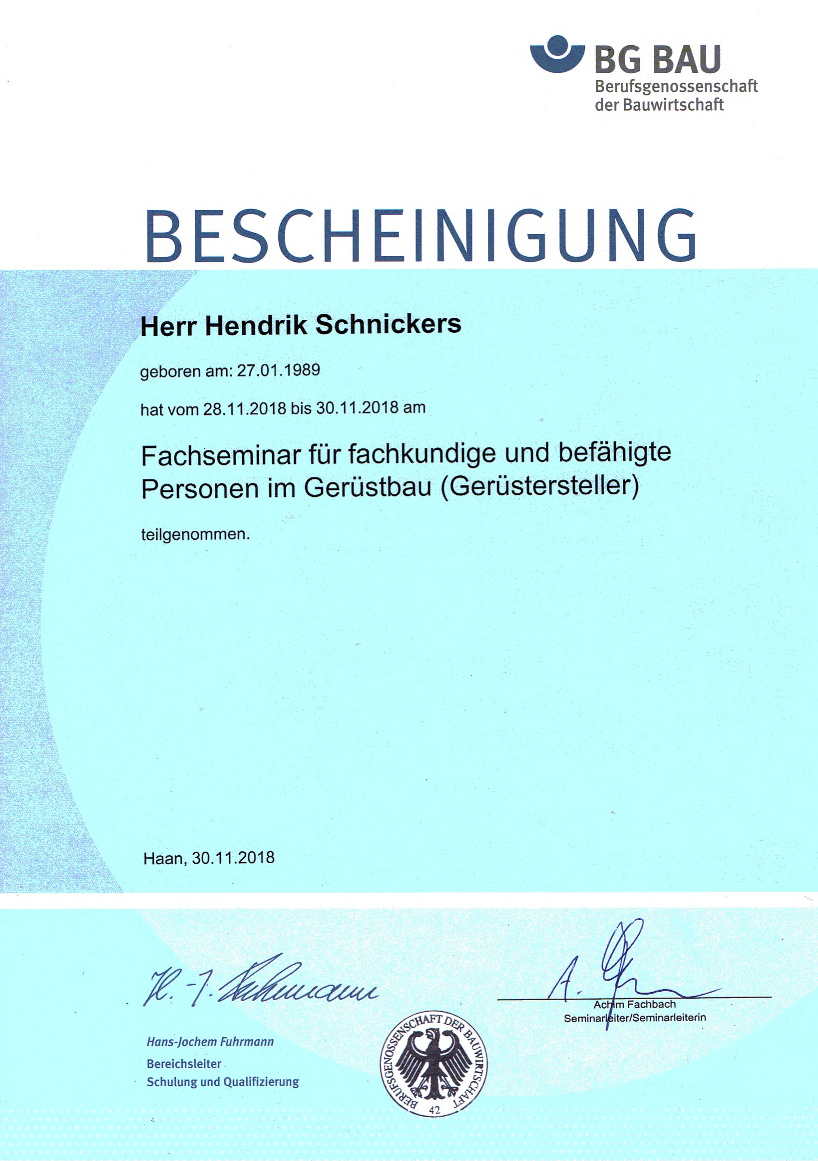 Seminarebescheinigung Henrik Schnickers - Gerüstbau